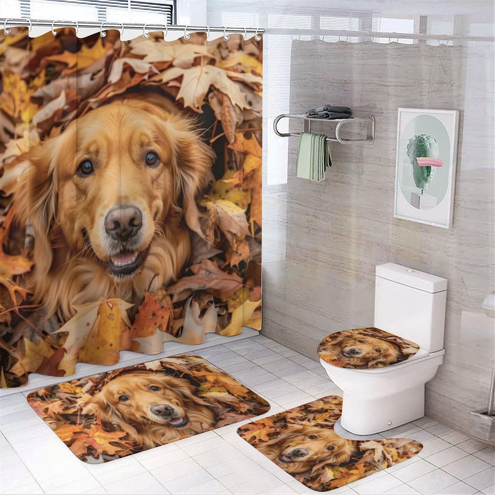 youryyjour Autumn Leaves Golden Retriever 4Pcs Bathroom Shower Curtain Set,Bathroom Sets with Rugs (Bath Mat,U Shape and Toilet Lid Cover Mat),