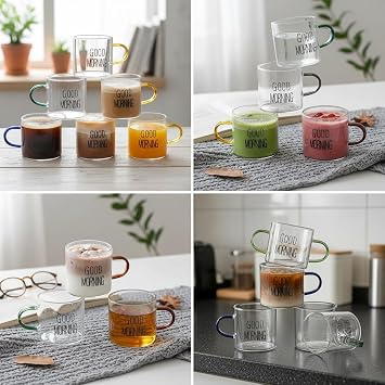 Deconox 6'lı Borosilikat Cam Espresso ve Türk Kahvesi Fincanı Seti (90 ml) - Düz ve Rölyefli Seçenekli Tabaksız Mini Kupa (Düz)