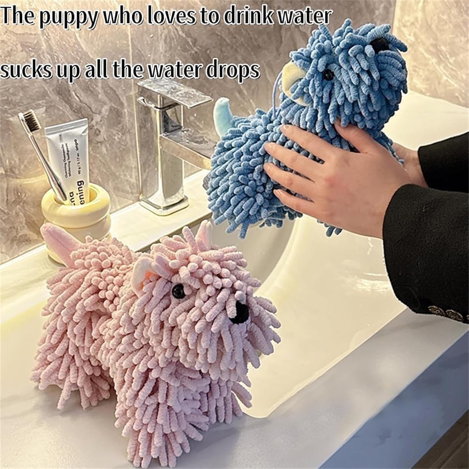 2 PCS Puppy-Shaped Chenille Hand Towel – Cute & Functional Home Essential, Fuzzy Ball Dog Hand Towel, Soft and Super Absorbent, No Fading, for Bathroom/Kitchen Countertops (Light Blue+Khaki)