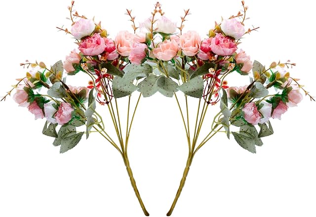 21 Heads Diamond Small Rose Artificial Flowers Artificial Rose Flower Bouquets for Home Wedding Party Decoration 2Pcs (Autumn Diamond Pink)