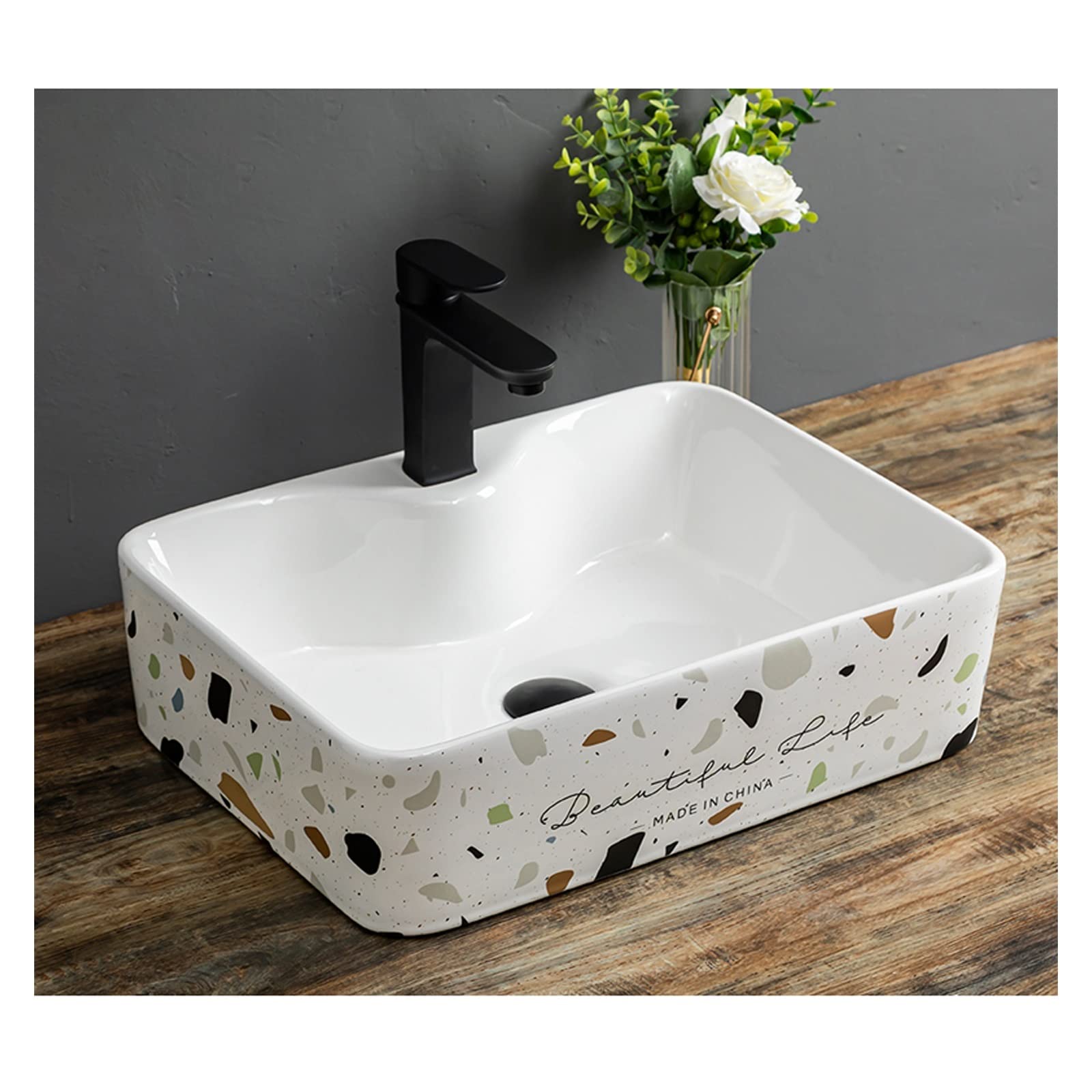 Umywalka Nablatowa Z Misą, Nowoczesna Umywalka Ceramiczna Z Lastryko, Z Czarnym Kranem, Porcelanowy Wzór Artystyczny, Czarne, Czarne