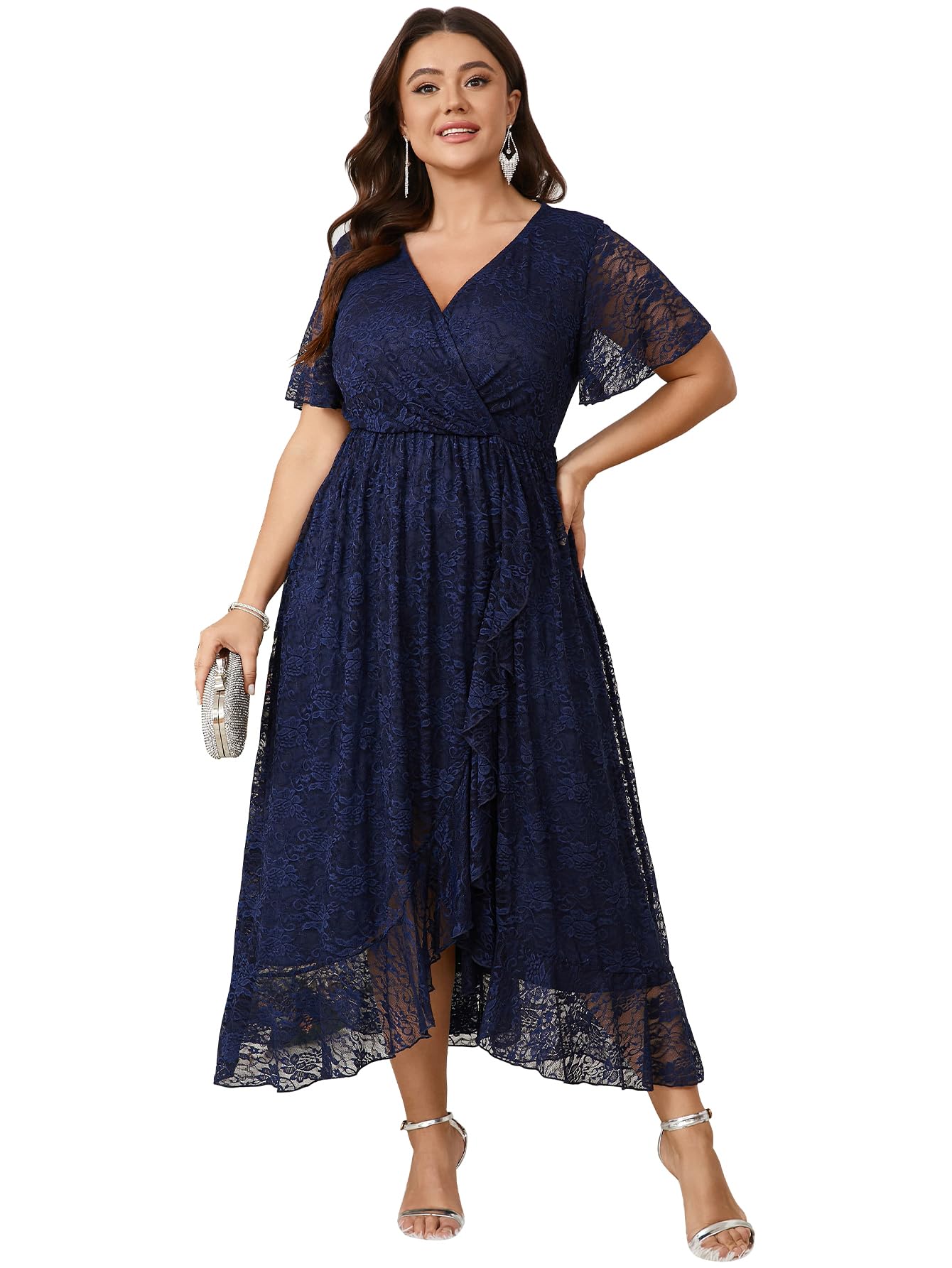 SCOMCHIC Vestido de invitada de boda para mujer, talla grande, formal, cuello en V, manga corta, asimétrico, vestido largo de cóctel, talla XL-4XL