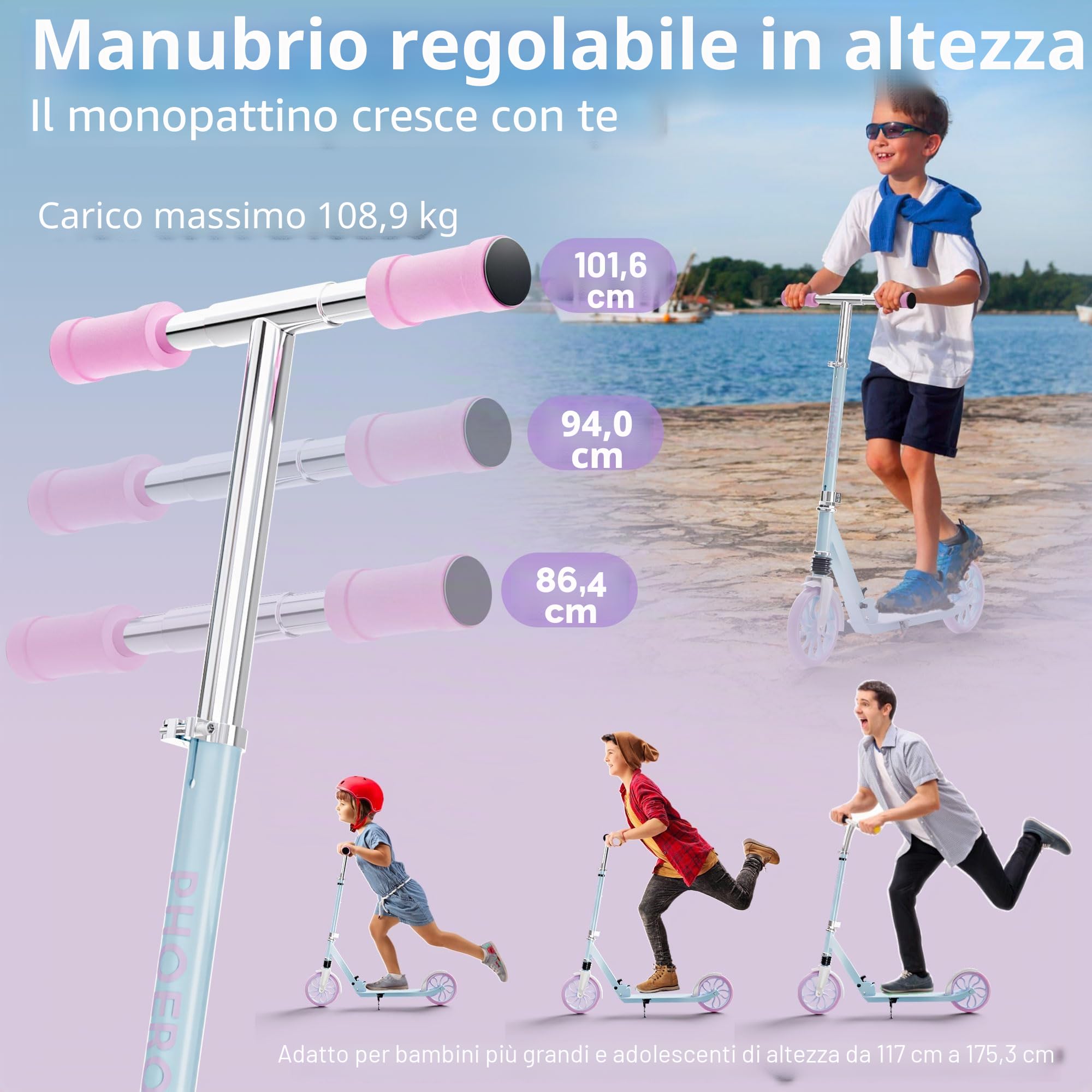 PHOEROS Monopattino per Bambini 6-12 Anni, Adolescenti e Adulti. Monopattino Pieghevole in Alluminio Leggero per Ragazzi, Maschi e Femmine, con Ruote da 200mm, Regolabile in 4 Altezze, Ammortizzatori.