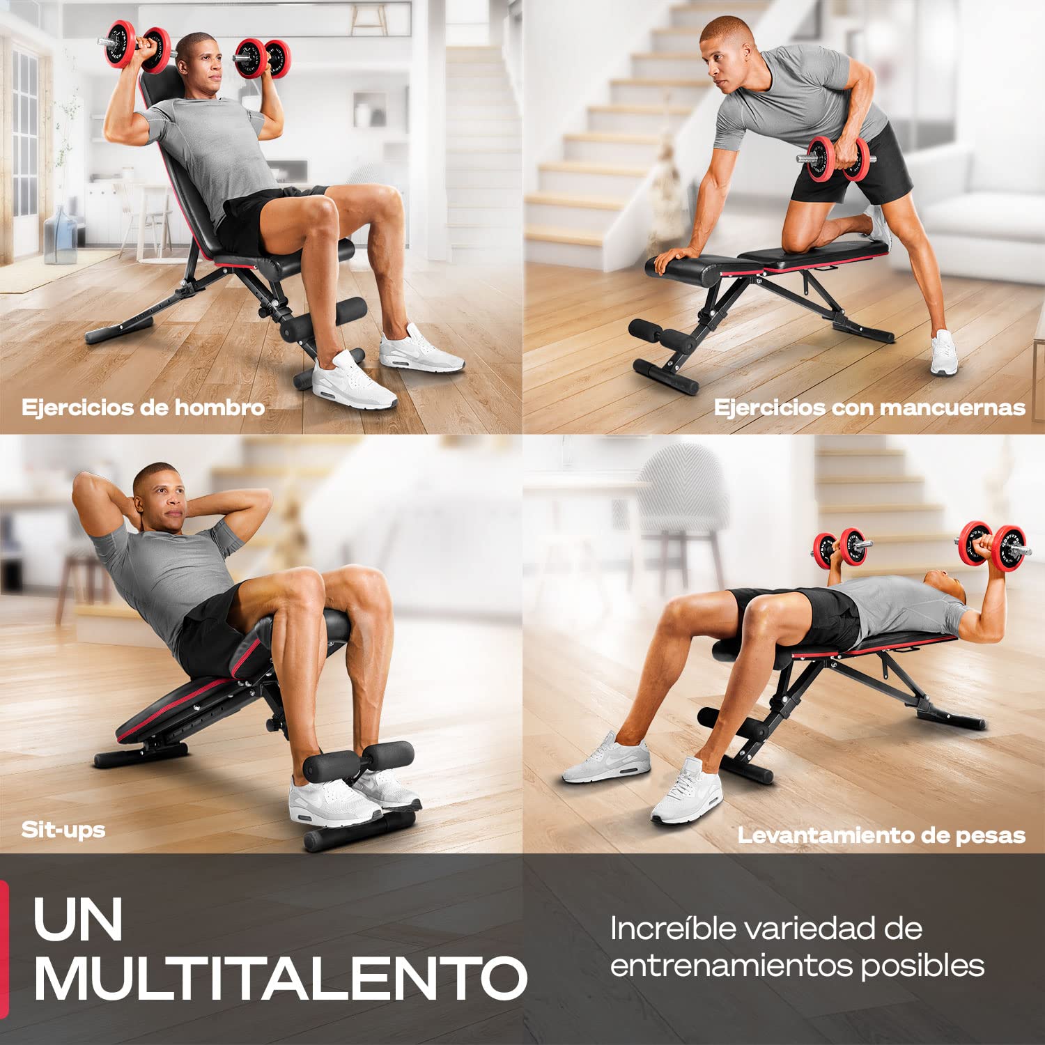 Banco de pesas Sportstech, plegable, inclinado y plano, max. carga de 180 kg, para entrenar los abdominales y ponerse en forma + más de 40 combinaciones para uso doméstico | BRT400