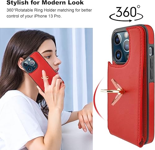 Miniatura 10 de Folosu Funda compatible con iPhone 13 Pro con soporte para tarjetas, rotación de 360, soporte de anillo de dedo con función atril, protección RFID,