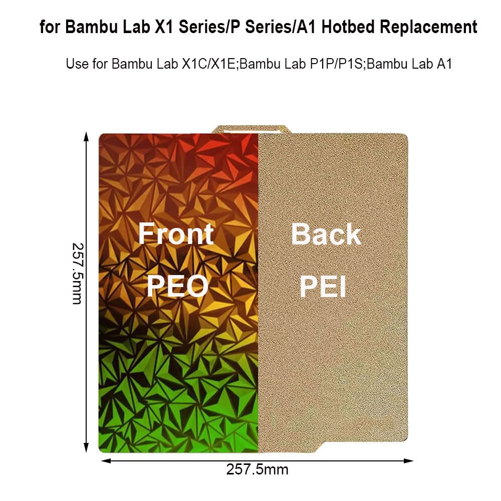 PEI PEY 3D Printer Build Plate For Bambu Lab X1/X1C/P1P/P1S/A1 – 257.5mm, One Side Textured, One Side Smooth, Spring Steel