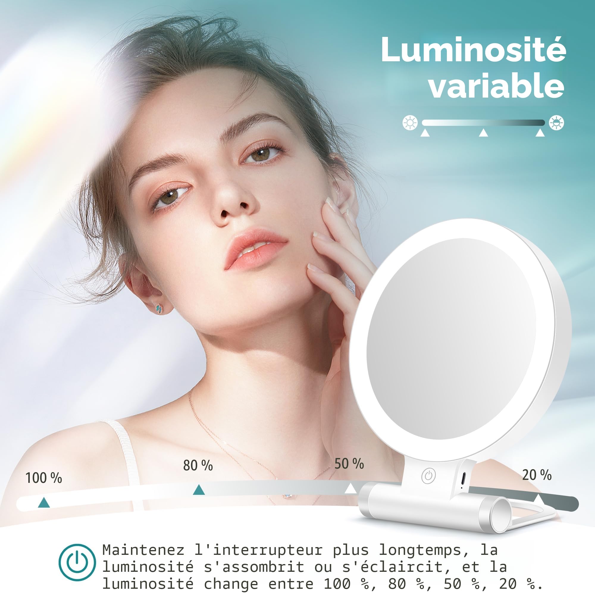 B Beauty Planet Miroir grossissant Double Face 1X/30X avec lumière, 3 Modes d'éclairage, 2000mAh, Miroir de Maquillage de Voyage Compact