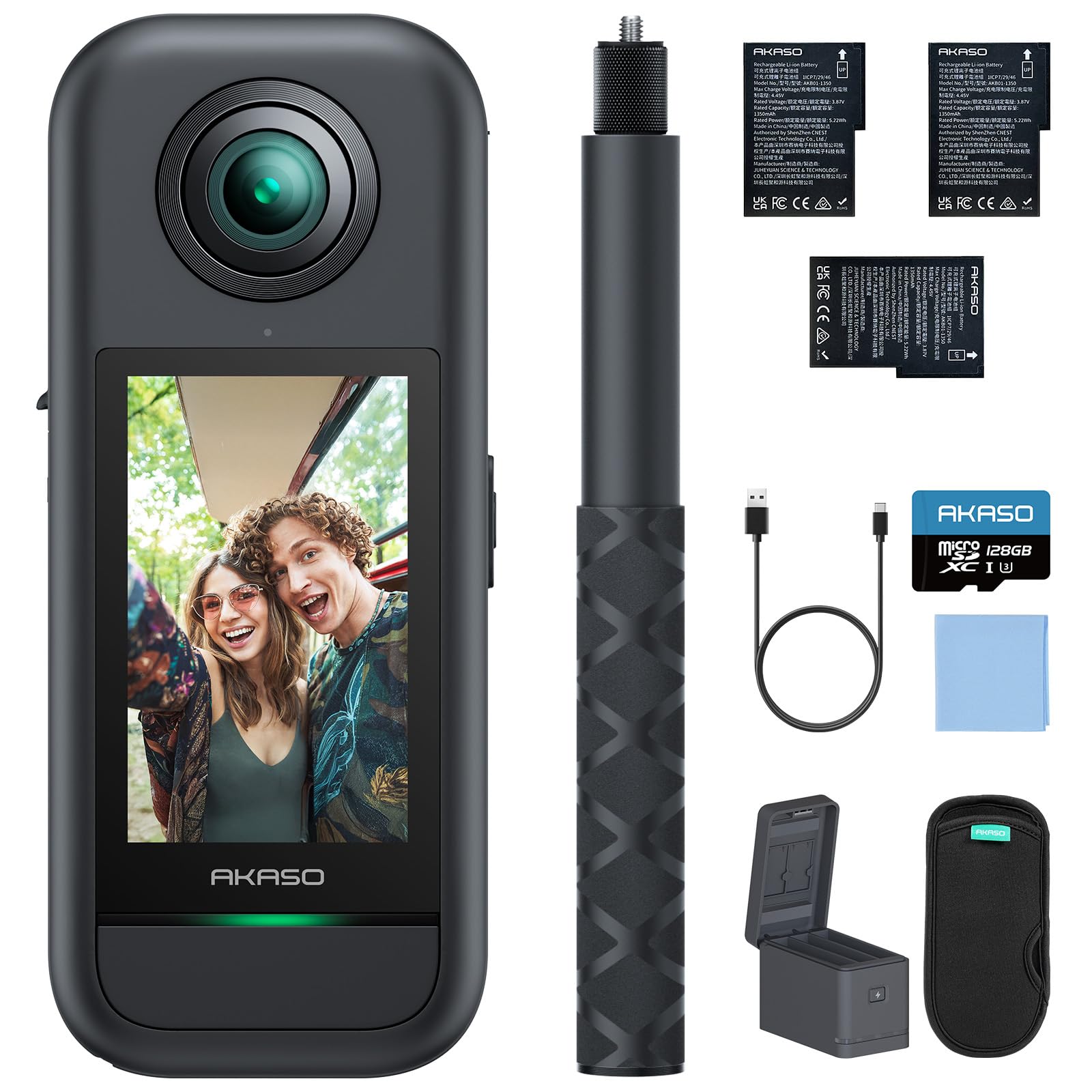 AKASO Set Action Cam Creator a 360°, 5,7 K, 72 MP, 360 gradi, con scheda di memoria da 128 GB, doppi sensori da 1/2", 48 MP, touch screen da 2,29", bastone per selfie invisibile, blocco horizon a 360°
