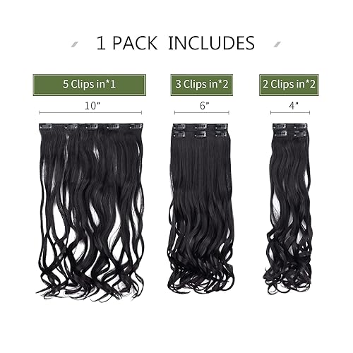 Miniatura 3 de HSPJHTM Extensiones de cabello negro con clip para mujer, 5 extensiones negras de 22 pulgadas, extensiones de cabello sintético largo ondulado