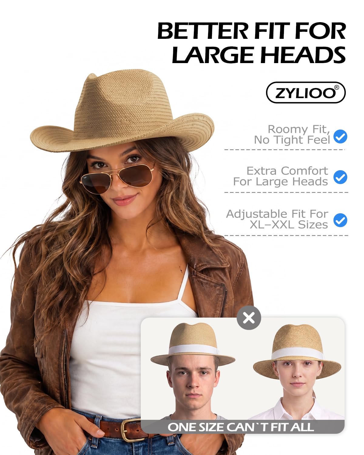 Zylioo Cowboy Strohhut XXL Hut Herren Damen Sommer Sonnenhut Großen Kopf UPF50+ UV Schutz Sonennschutz Stroh Sommerhut