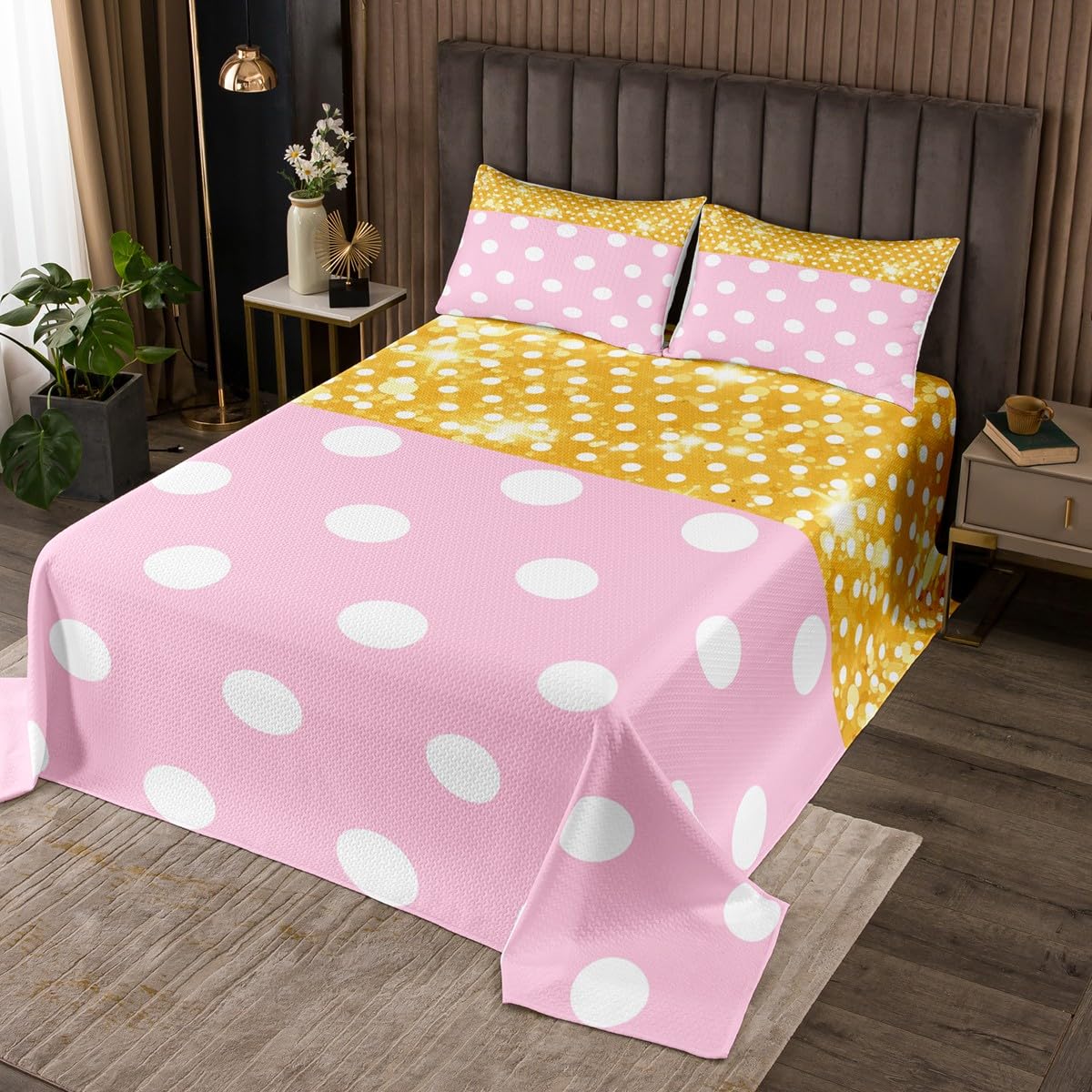 Polka Dots Bedspread Queen Size,Girls Bedding Gold Pink Bedding Bed Cover,Girly Princess Style 3 Pieces Coverlet Set with 2 Pillowcases,Geometric Circle Bed Cover Sets for All Season