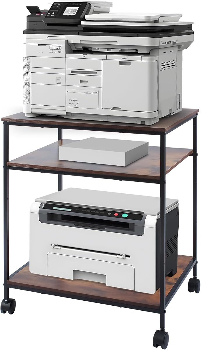 Soporte para impresora láser/inyección de tinta/todo en uno de 3 niveles - Carro resistente de 23,6 x 18,9 x 31,5 con estantes ajustables y ruedas bloqueables, almacenamiento para escáner/fax/suministros - Hogar y oficina industrial