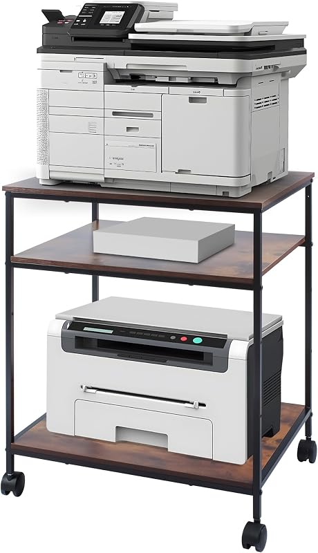 Soporte para impresora láser/inyección de tinta/todo en uno de 3 niveles - Carro resistente de 23,6 x 18,9 x 31,5 con estantes ajustables y ruedas bloqueables, almacenamiento para escáner/fax/suministros - Hogar y oficina industrial