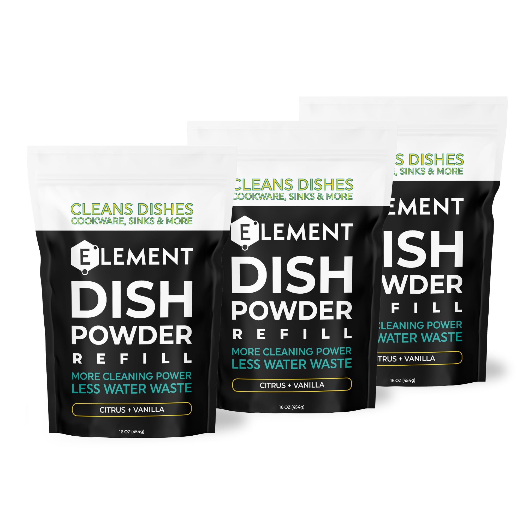 ELEMENT Dish Powder Grease-Fighting Dish Soap No Harsh Chemicals Liquidless Plastic-Free Plant-Based Packaging Citrus Vanilla Three16 OZ Refill