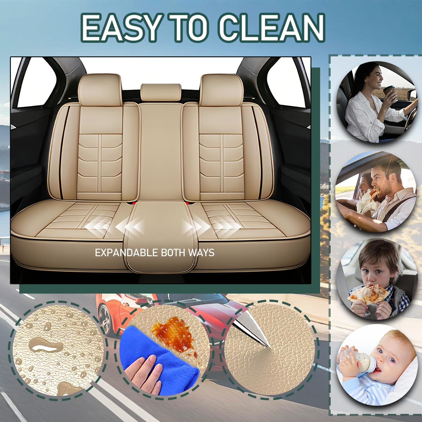 Car Seat Covers Fit for Toyota Highlander 2000-2025 | 7 Seat Car Seat Cover | No-Slip Waterproof Breathable Nappa Leather Automotive Seat Covers Auto Interior Covers.Beige,Full Set with Pillow
