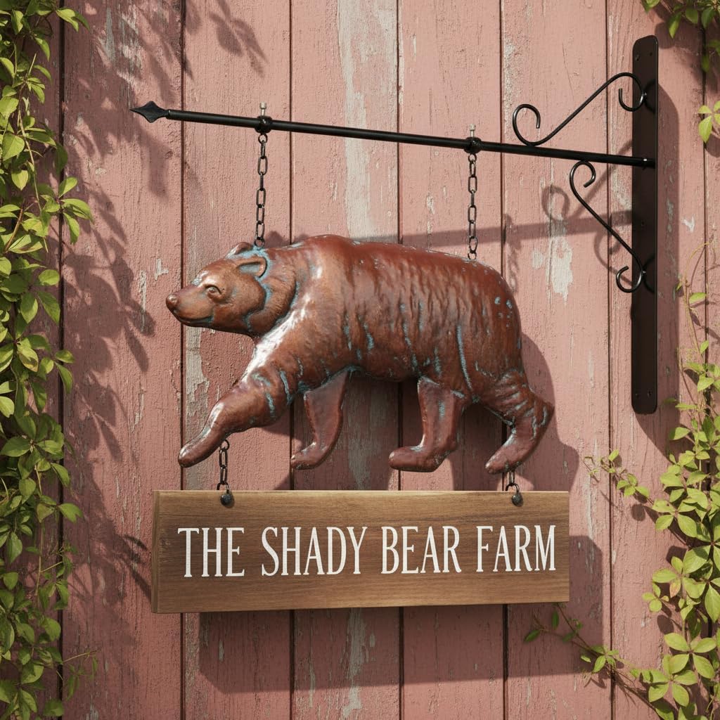 Bear Statue Outdoor Haning Decor for Yard and Garden,27“L x 22”H Vintage Grizzly Garden Statues and Sculptures with Arrow & Bracket,Antique Copper Walking Bear Metal Yard Art for Outside Porch