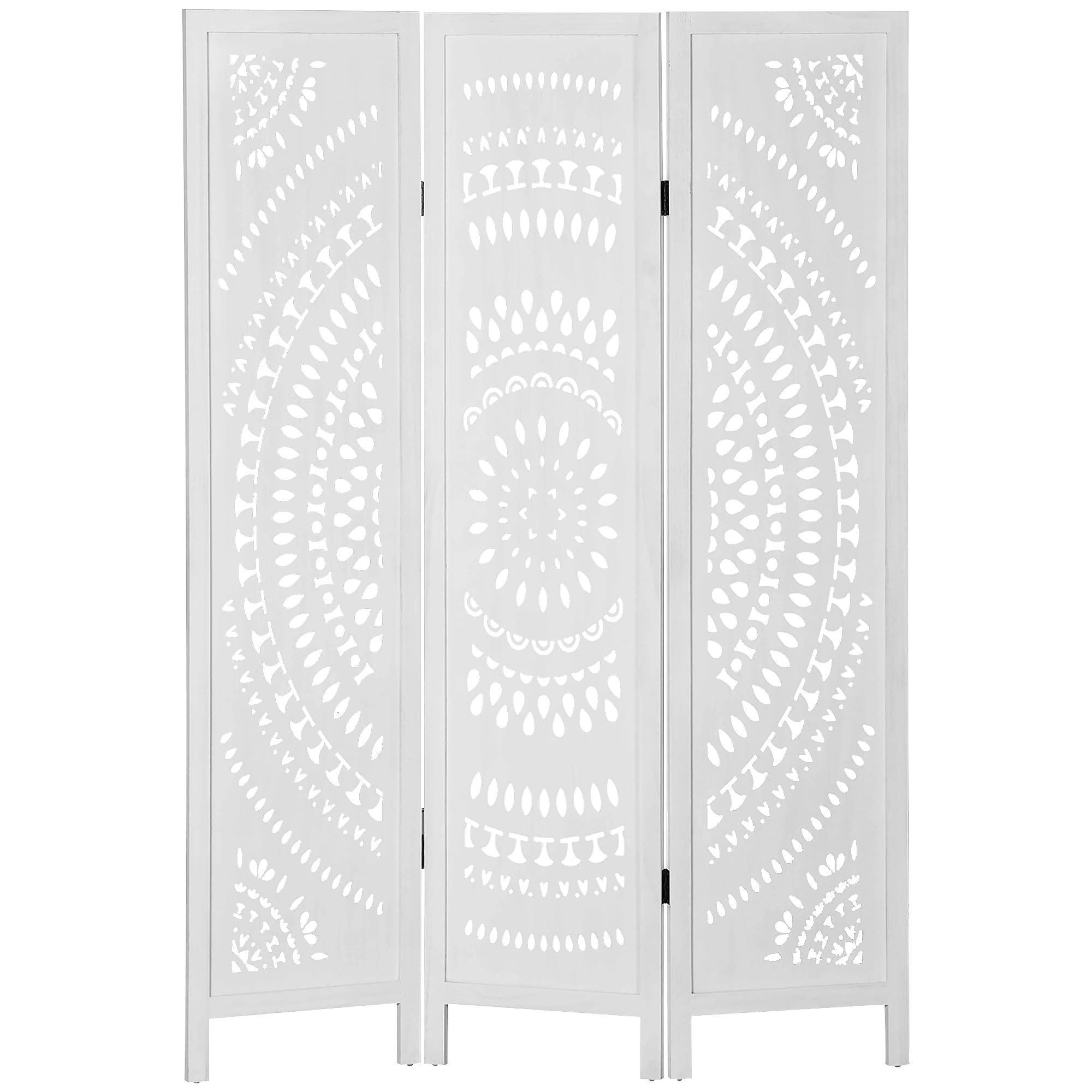 HOMCOM Paravento da Interno a 3 Pannelli, Separé Divisorio Interno Pieghevole in Legno Intagliato per Casa e Ufficio, 120x170cm, Bianco