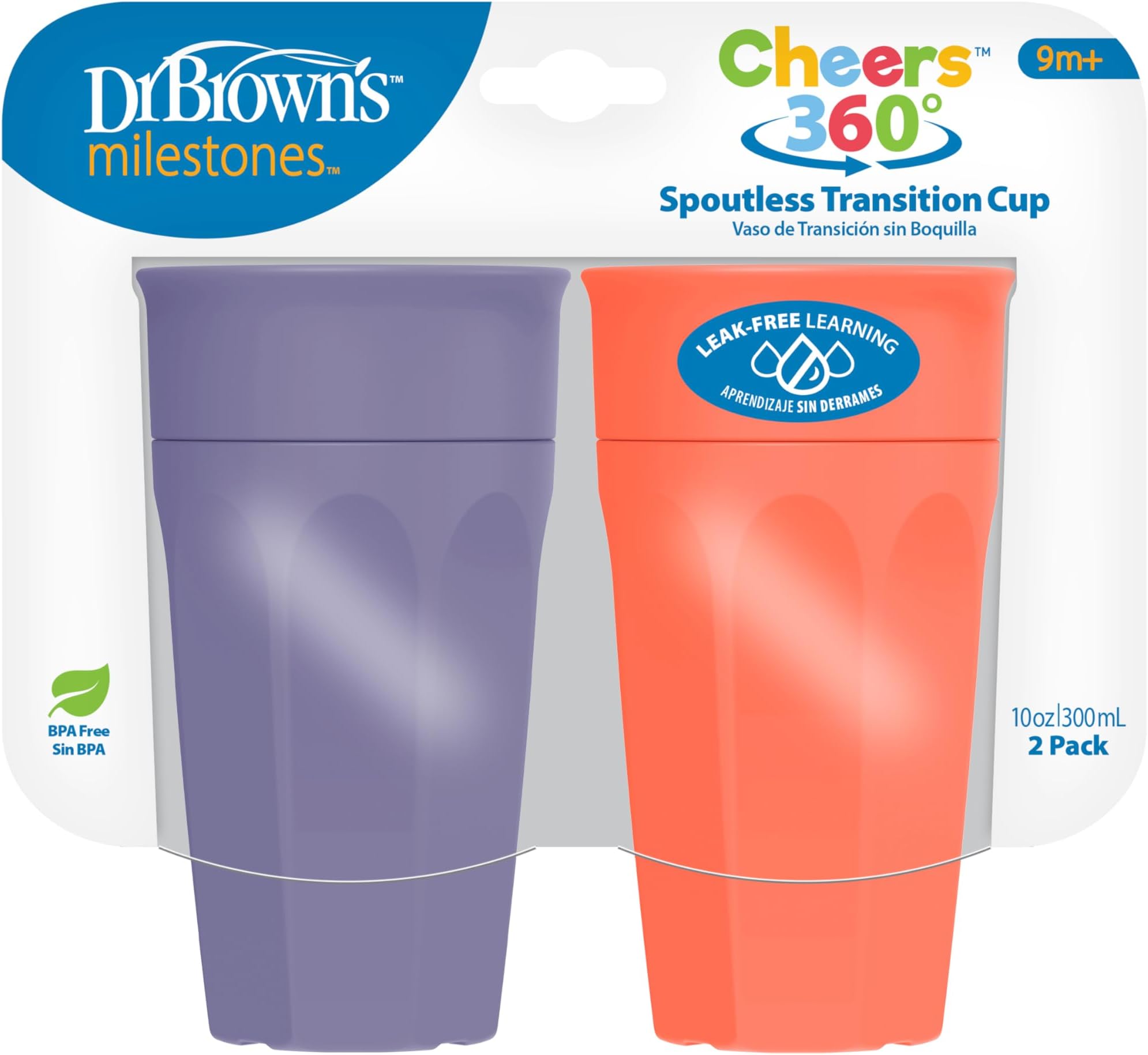 Milestones Cheers 360 Spoutless Transition Cup, Travel Friendly and Leak Free Sippy for Babies and Toddlers, Coral and Purple, BPA-Free, 10 oz/300 mL, 9m+