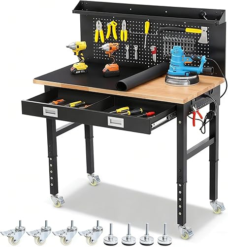Miniatura 13 de Mesa de trabajo con ruedas de 60 pulgadas con tablero de madera de caucho resistente para garaje, mesa de trabajo de altura ajustable con tablero de