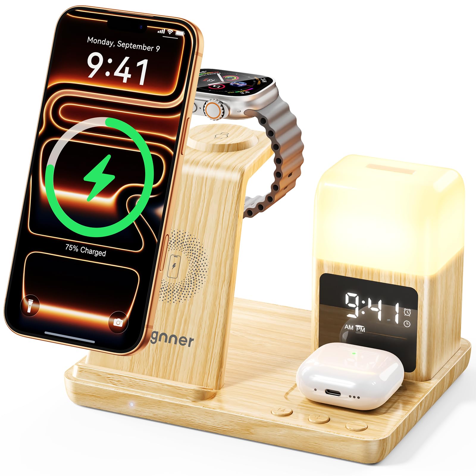Chargeur Induction 3 en 1, Chargeur sans Fil pour iPhone 17/16/15/14/13/12/11 Série, Station de Charge pour Apple Watch avec Lampe de Nuit et réveil, Support de Charge pour AirPods-Grain de Bois