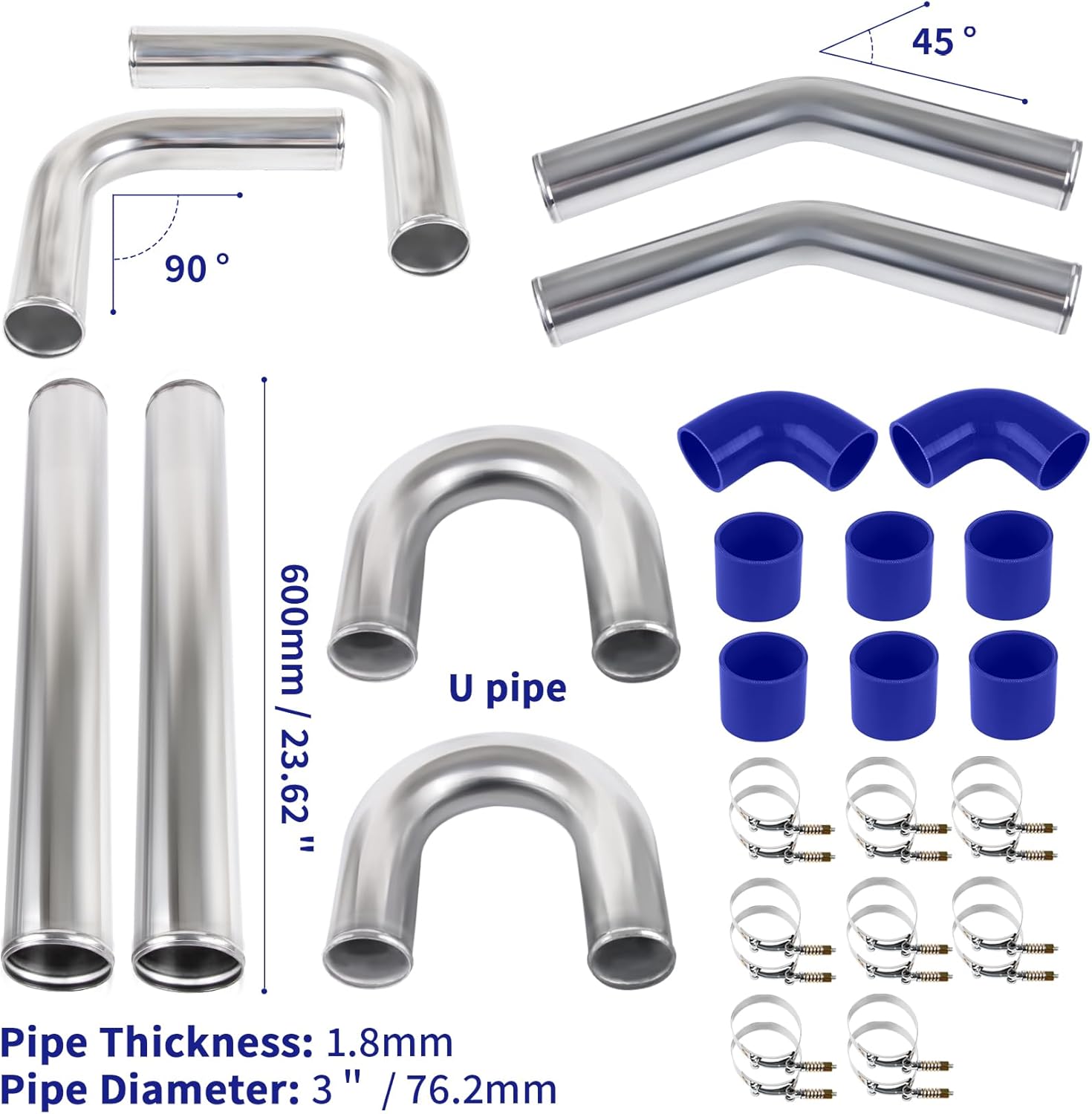 3" 60cm Universal Aluminum Intercooler Pipe Kit Polished Aluminum Turbo Intercooler Pipe+8 Blue Hose+16 Clamps Kit