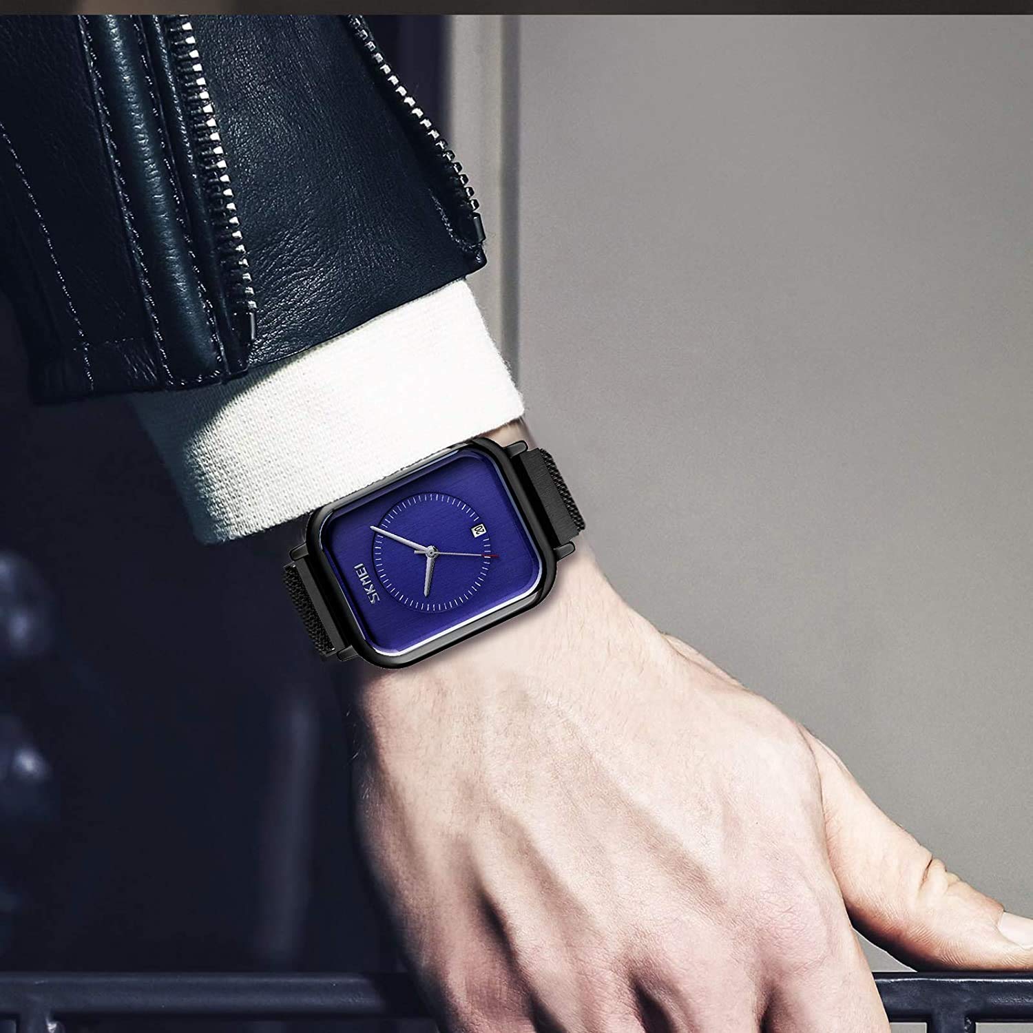 MASTOP Reloj unisex para hombres y mujeres, reloj analógico de cuarzo impermeable de acero inoxidable con fecha de hora, esfera rectangular, reloj de vestir de negocios