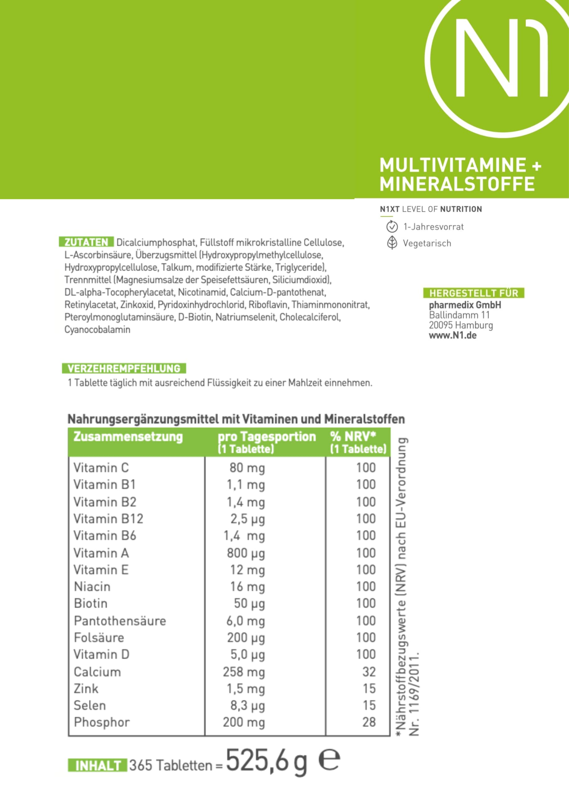 N1 Multivitamin Tabletten hochdosiert - Alle Vitamine + Mineralien - 5x365 Tabl. Jahresvorrat - vegetarisch - Nahrungsergänzungsmittel
