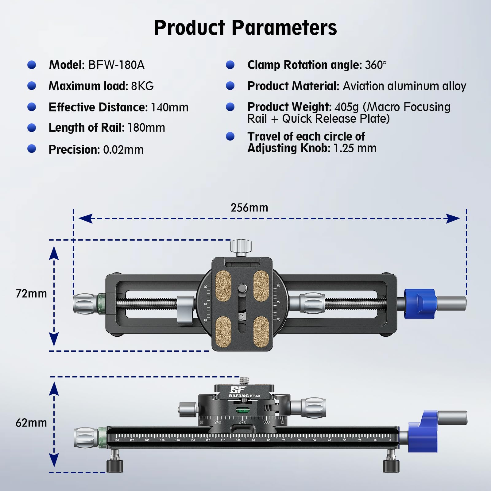 Kamera Slider, 180 mm/7,08 Zoll Kameraschiene mit Schnellwechselplatte und klemme für DSLR Stativ Einbeinstativ Kugelkopf,Maximale Belastung 8kg