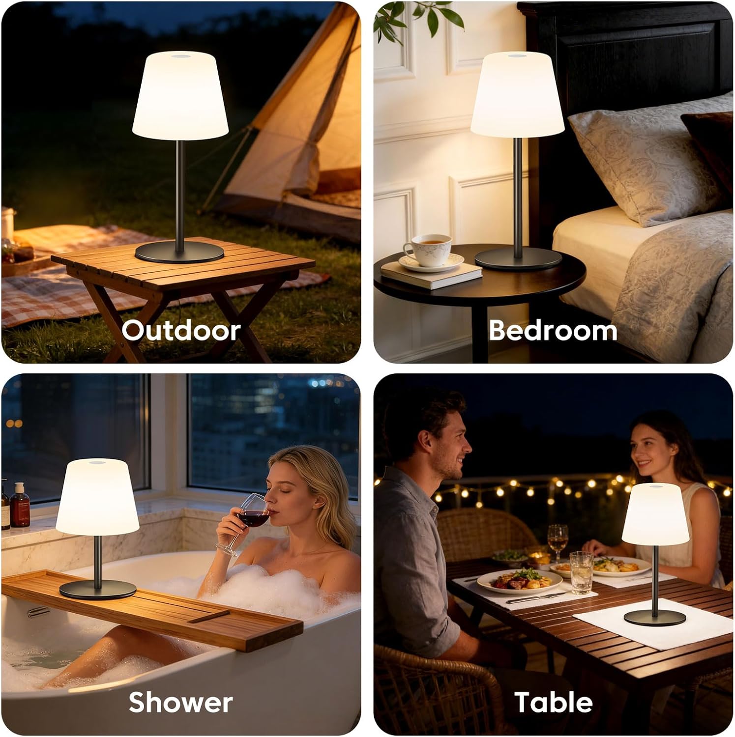 Cordless Table Lamp for Bedroom,Rechargeable IP65 Waterproof Shower Lamp with 4000mAh Battery, Touch Dimmable LED Desk Light for Bathroom,Kitchen,Outdoor Patio (Black)