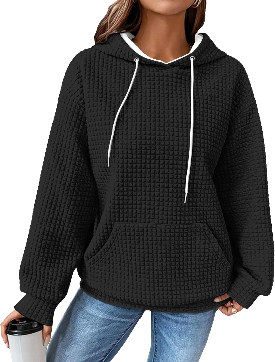 MARSVOVO Oversized Sweatshirt for Women Fall Winter Pullover Solid Color Drawstring Waffle Hoodies Trendy Warm Outfits