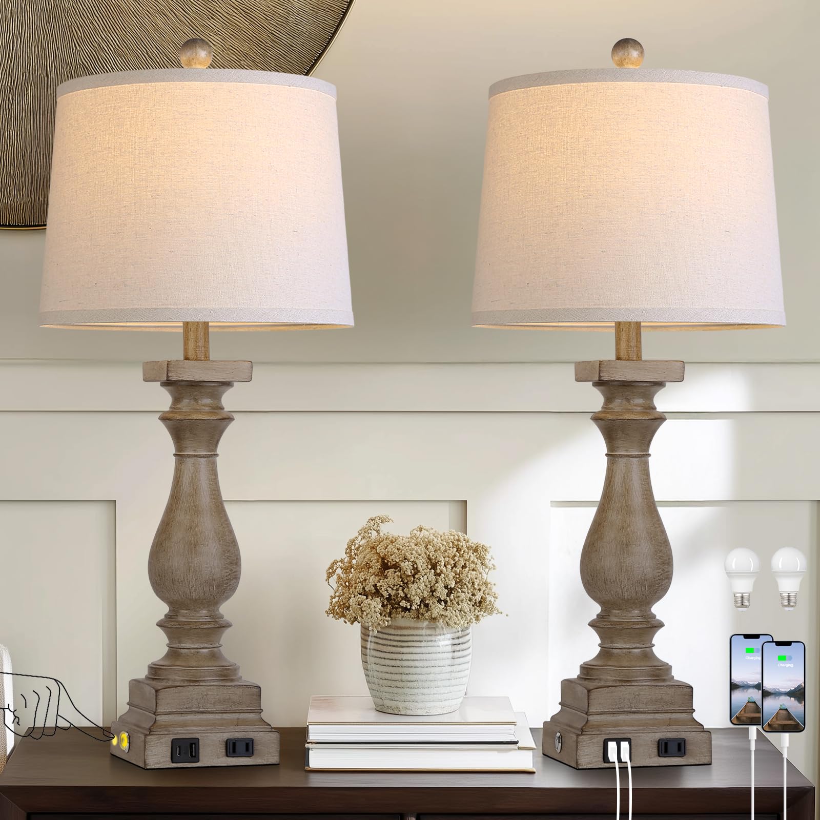 MOUVOVO 28" Tall Farmhouse Table Lamps Set of 2 with USB C+A Ports and AC Outlet, 3 Way Touch Control Rustic Bedside Lamp for Bedroom, Brown Vintage Nightstand Lamp for Living Room Office