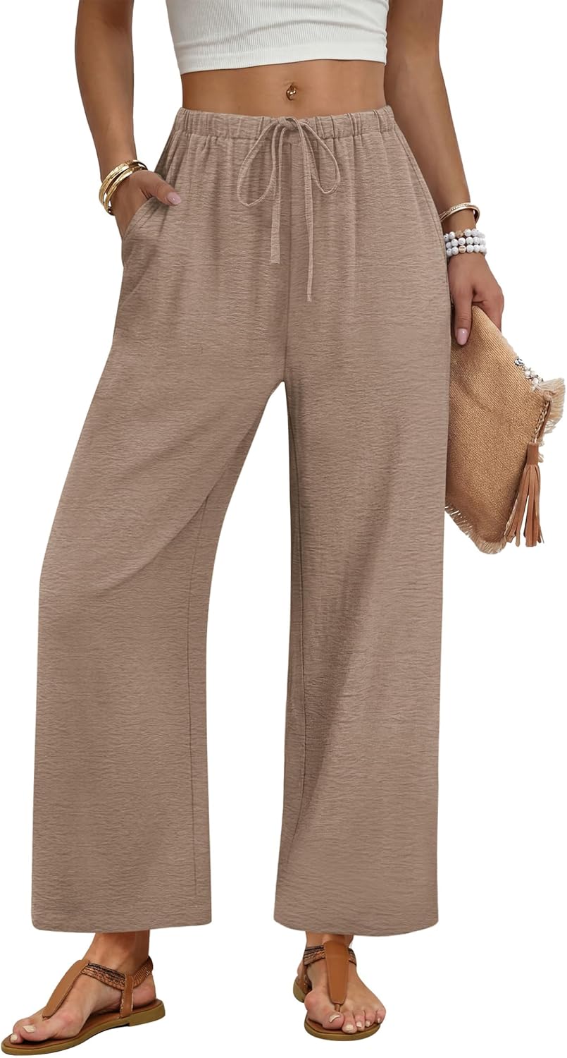 Sampeel Wide Leg Pants Women Casual Palazzo Drawstring Elastic Waist Trousers with Pockets Summer Beach Vacation Clothes