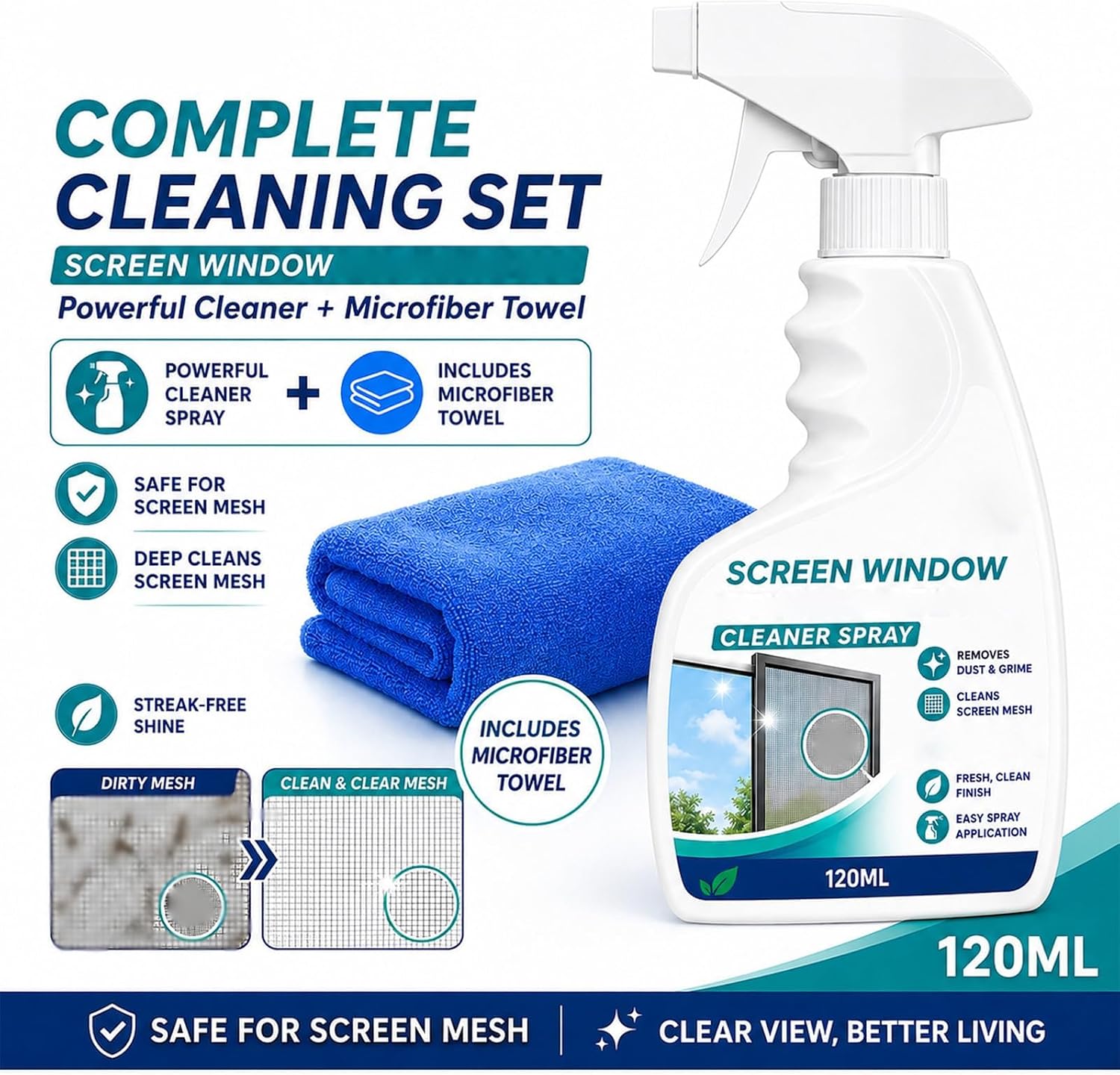 Window Screen & Mesh Cleaner Spray, Fast-Acting Dust & Grime Remover, Easy Spray & Wipe Window Mesh Care with Cleaning Cloth，120ml image 3