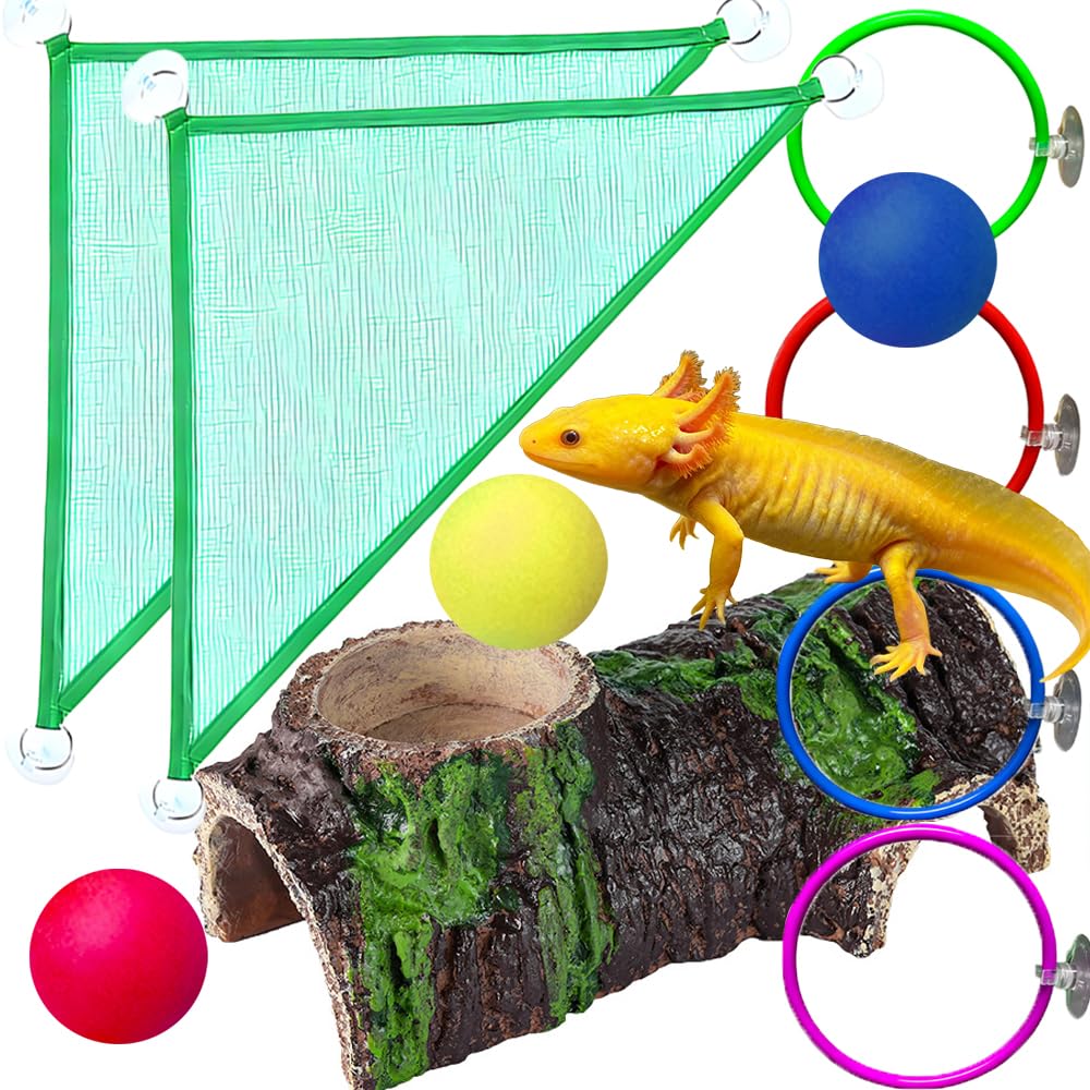 Fejapa 10-Piece Axolotl Habitat Enrichment Set with Hammock, Hideout, Floating Ball, Net, 4 Rings, Clear Nylon Mesh, for Fish Tank and Terrarium