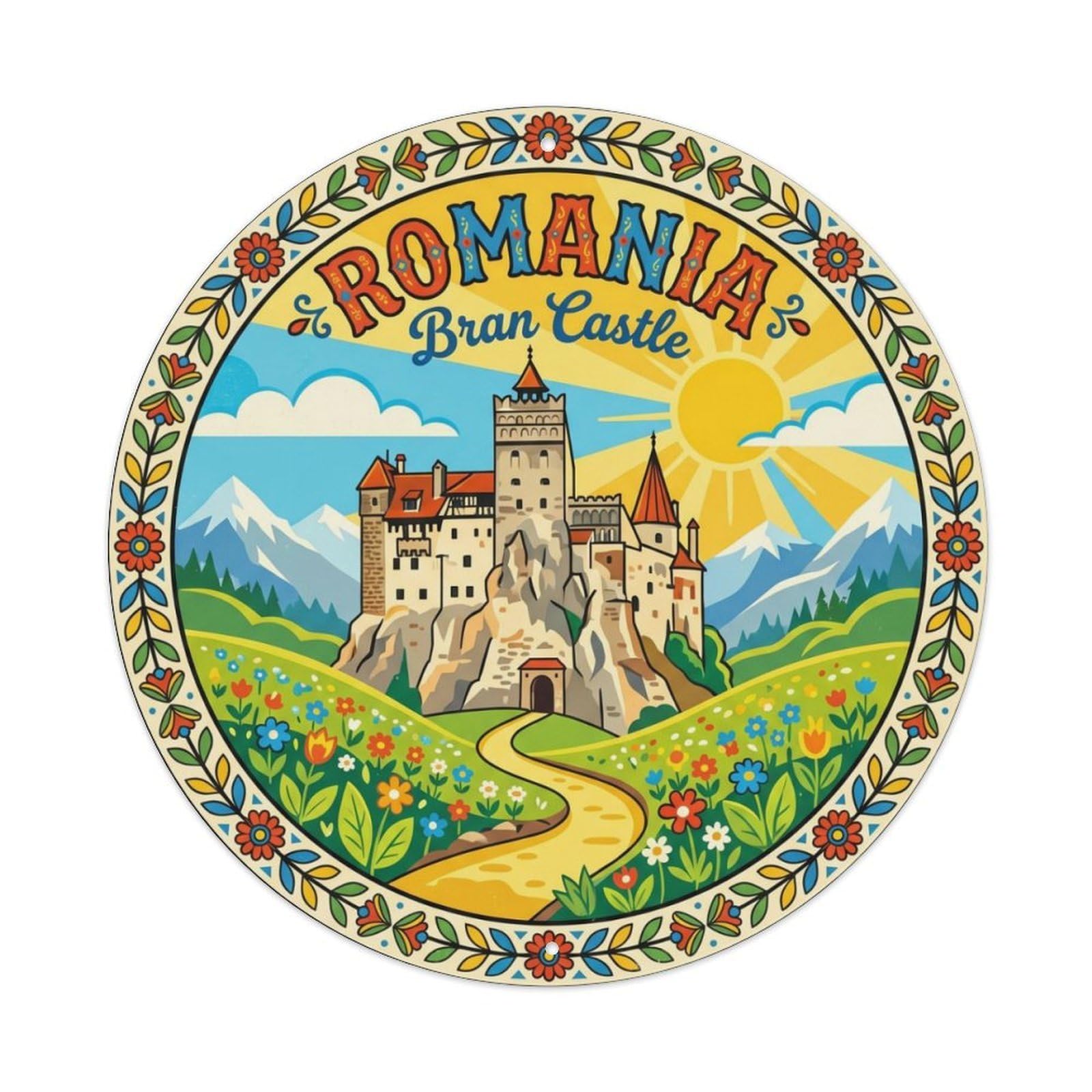 Vintage Travel Romania Bran Carpathian Metal Tin Sign Plaque Wall Decor for Cafe, Club, Garden Round Metal Poster 8x8Inch
