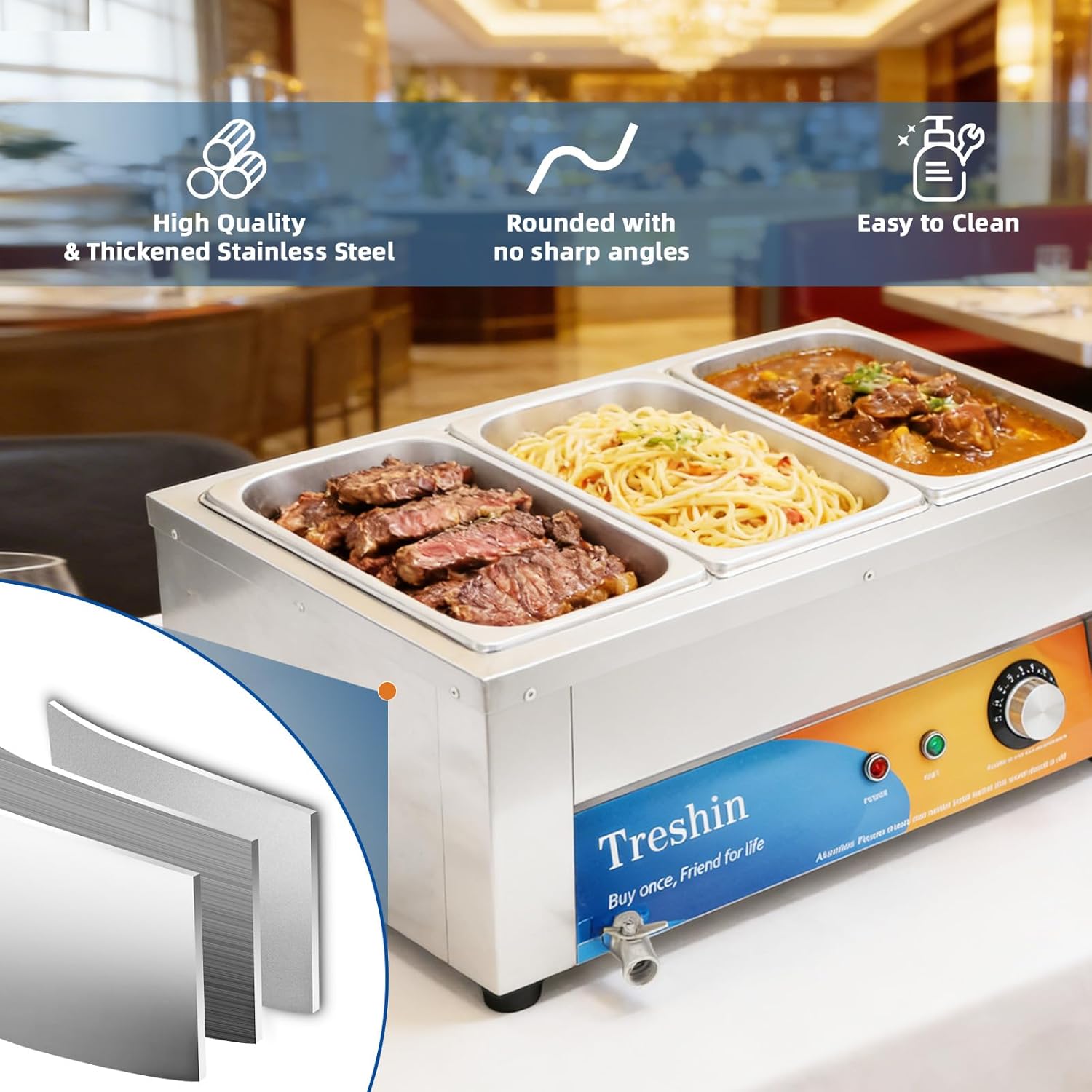 Treshin 3 Pan Commercial Food Warmer 21 Qt Capacity 1200W Stainless Steel Electrical Bain Marie Buffet Food Warmer Steam Table with Temperature Control & Lid for Home, Party, Catering, Restaurants