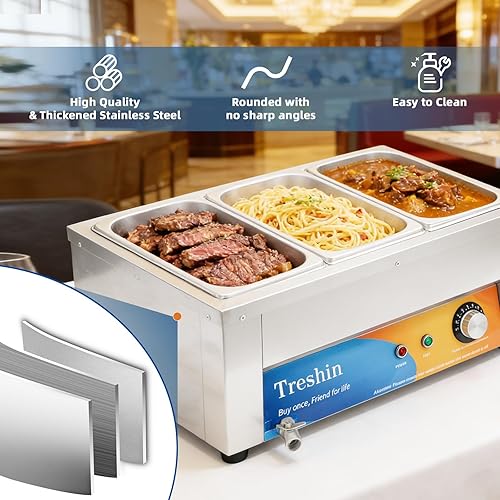 Miniatura 3 de Treshin Calentador de alimentos comercial de 3 sartenes, capacidad de 21 cuartos de galón, 1200 W, de acero inoxidable, calentador de alimentos