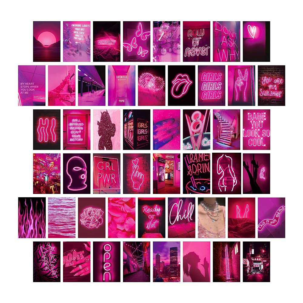 pagbira 50PCS Pink Neon Wall Collage Kit Aesthetic Pictures, Aesthetic Posters for Dorm Wall Decor Wall Art Prints for Girl Boys, Neon Posters Collections, Bedroom Decor for Teen Girl …