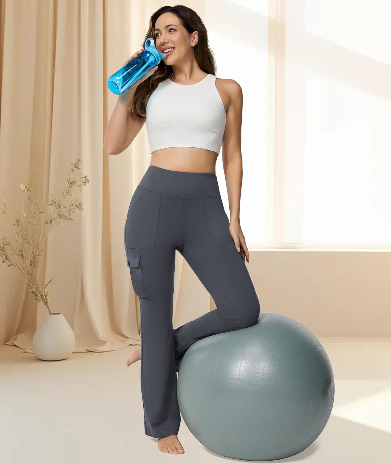 Yoga Flare Leggings for Women High Waisted Yoga Casual Pants Workout Leggings Cargo with 6 Pockets Bootcut Pants