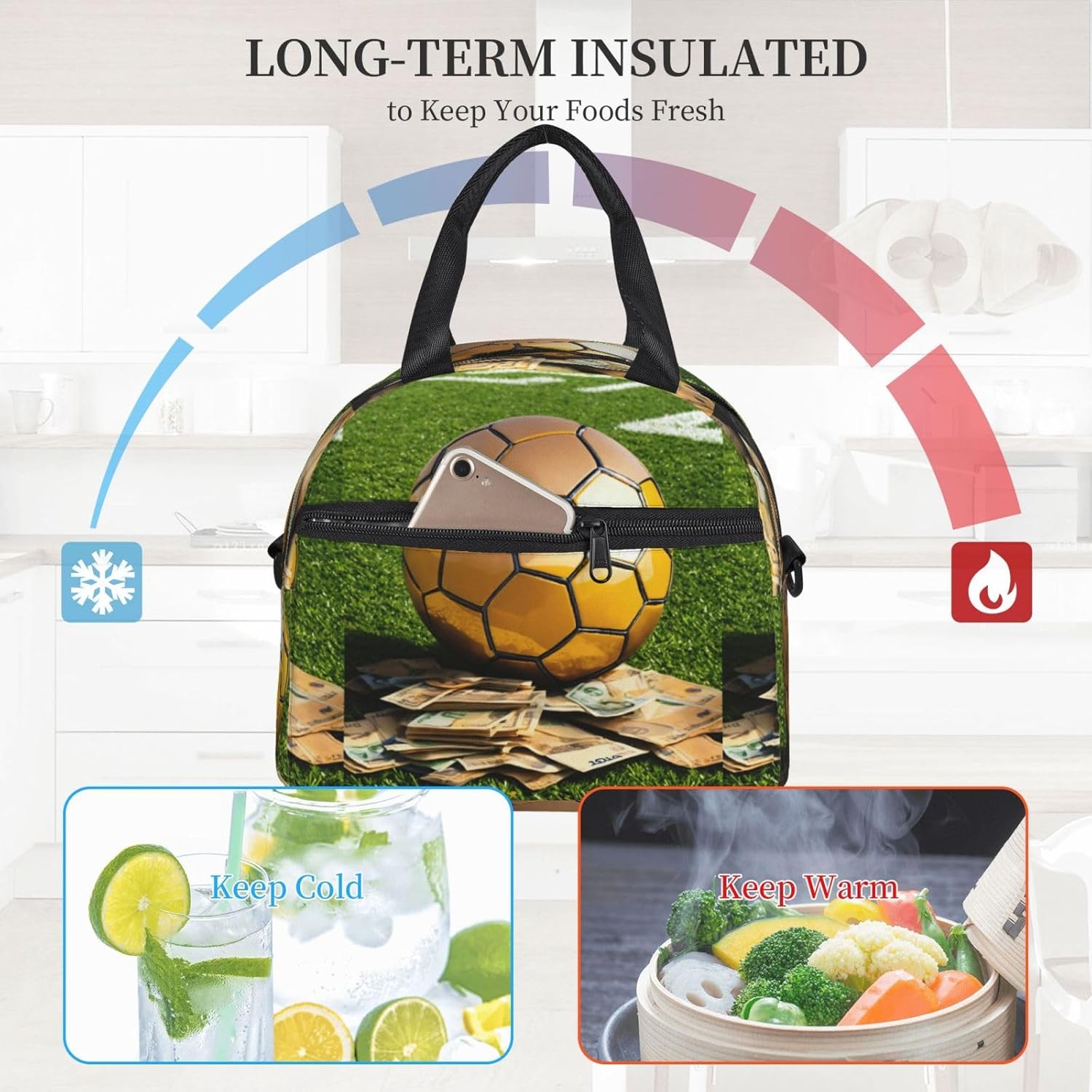 Soccer Print Reusable Lunch Bag Insulated Lunch Boxes for Office Work Picnic Tote Bag Adjustable