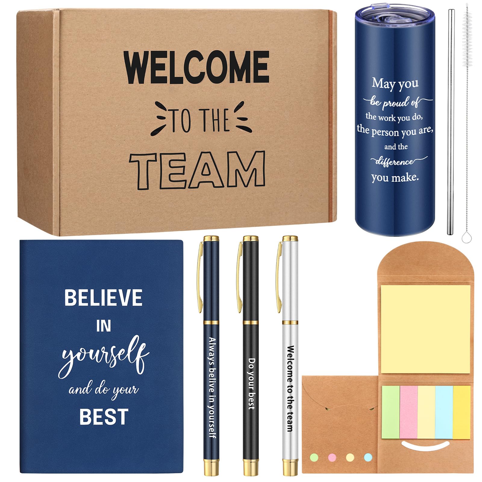 Teenyyou Juego de regalo de bienvenida al equipo de 7 piezas, incluye 1 vaso de 20 onzas, 1 cuaderno, 3 bolígrafos y 1 nota adhesiva para nuevos empleados (azul)