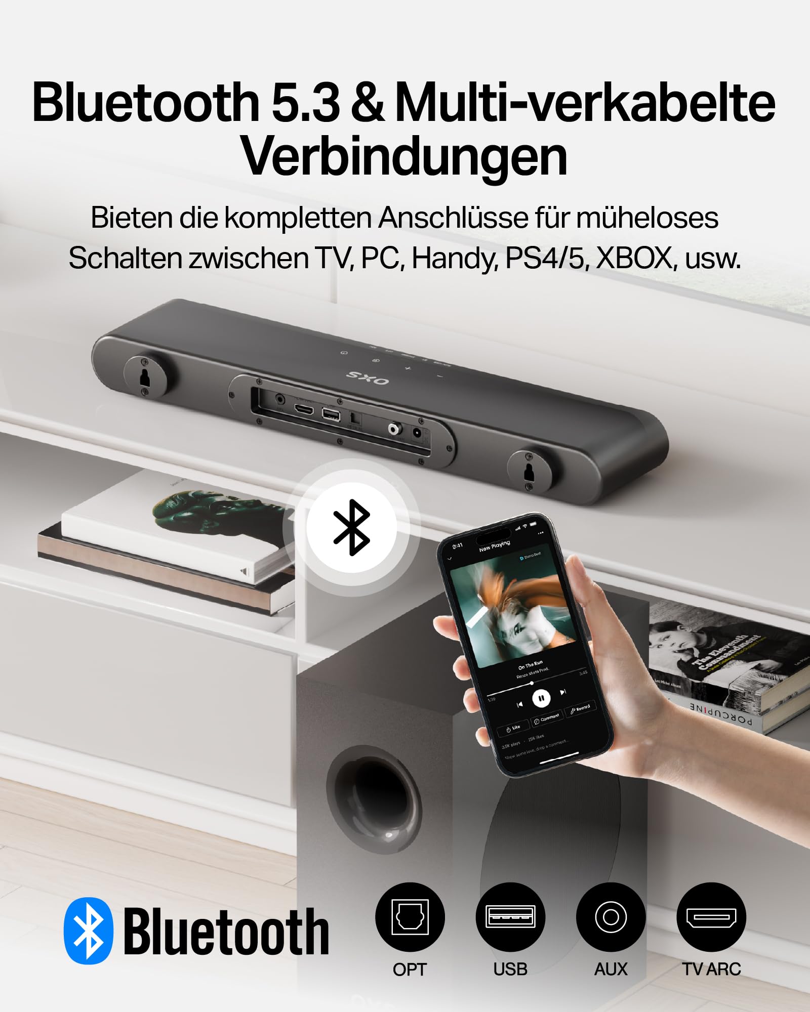 OXS S21 2.1-Kanal Soundbar mit Subwoofer, Präzisionssound mit tiefen Bässen, 180 W Leistung, 3 EQ-Modi, für Heimkino/Musik/Spiel, für TV, PC, Xbox, PS4/5, Telefon, Ultrakompakt, Einfache Einrichtung