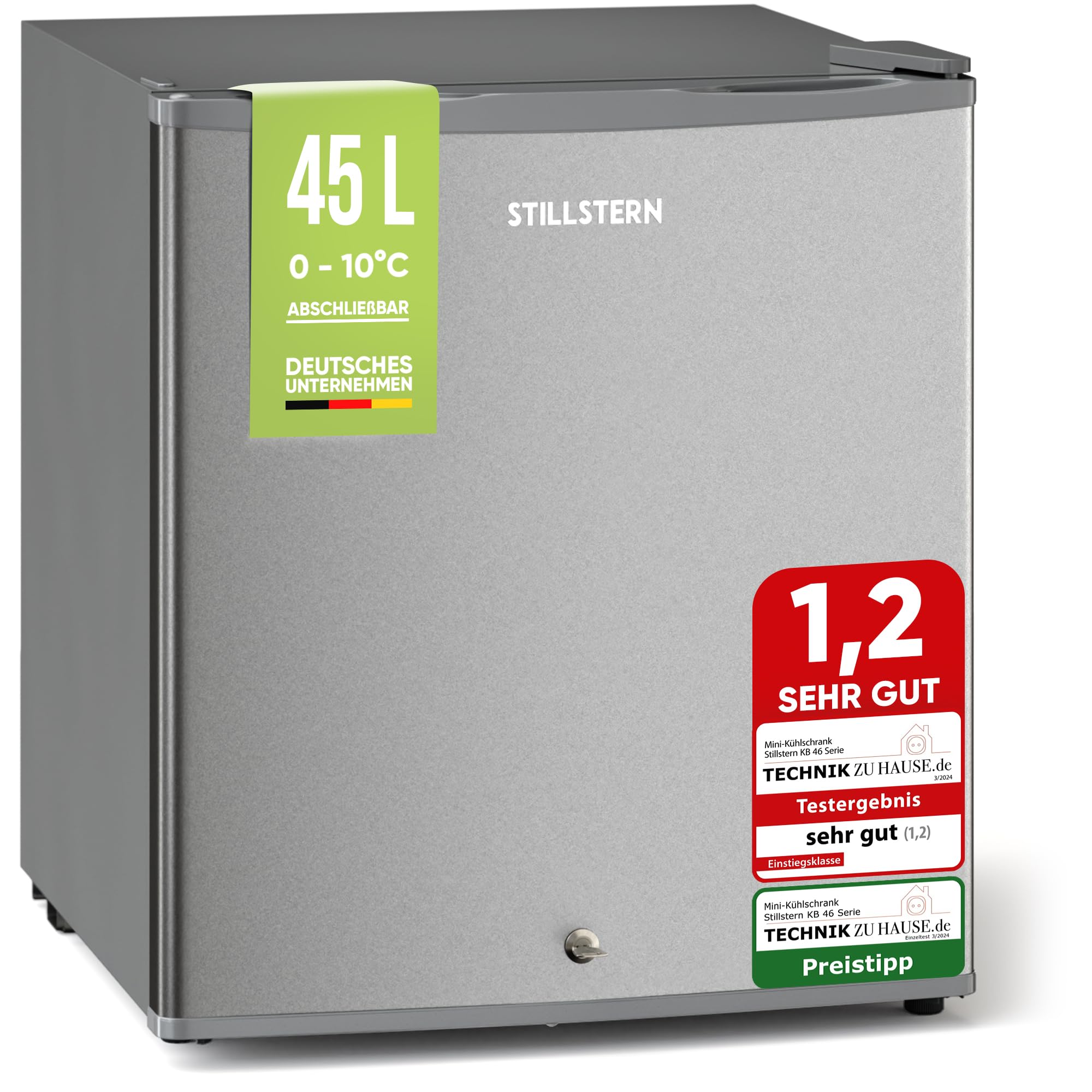 Stillstern Mini Kühlschrank E 45L mit Abtauautomatik, Schloss, Frostfach, Leise, Ideal für Küche, Büro, Schlafzimmer, Hotels und kleine Wohnungen Kühlschrank klein Minibar R600A Getränkekühlschrank