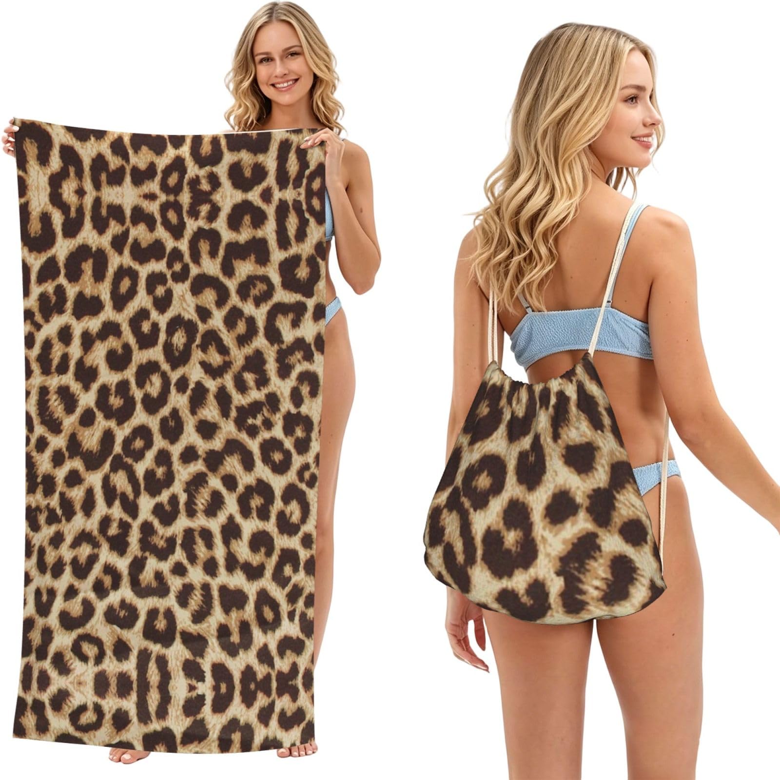 WSHFFILO Leopard Pattern printed 2 in 1 Packable Towel Bag Bath Towel Beach Towel