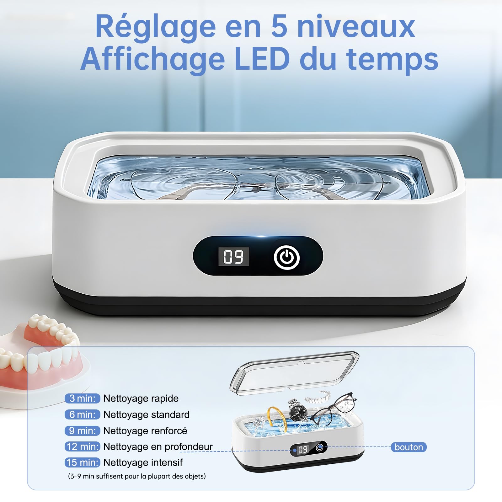 Nettoyeur à Ultrasons 49 kHz, Capacité 650 ml, Nettoyage à 360°, Appareil de Nettoyage pour Lunettes, Bijoux et Pinceaux de Maquillage