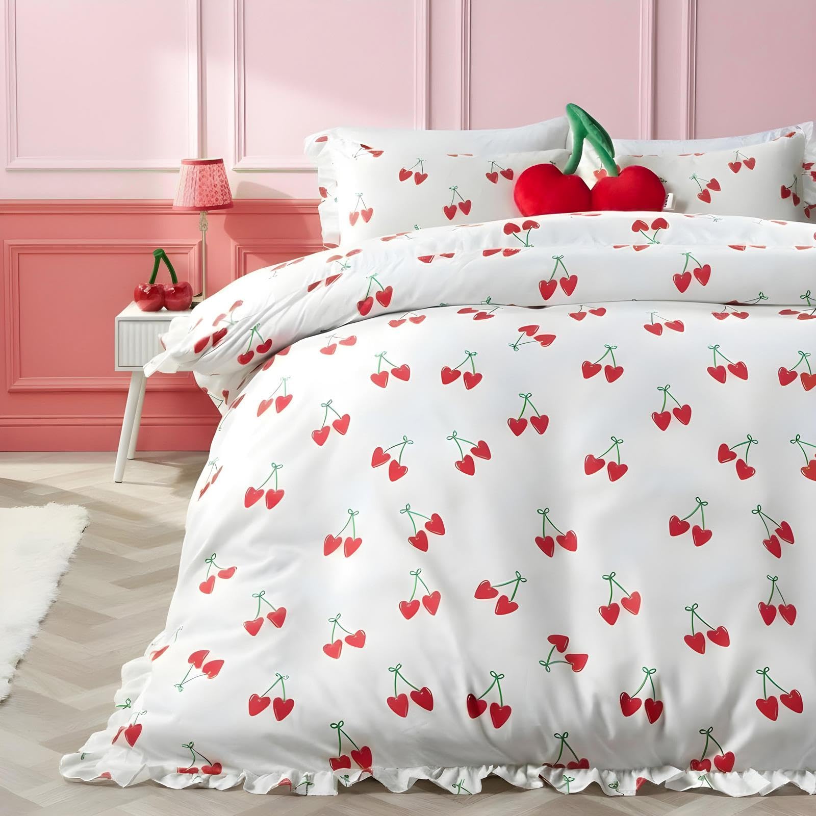 Ohs Women's Cherry Single Duvet Cover Set, Gifts For Super Soft Cosy Warm Microfibre Polyester Single Bedding With Frill Edge Stylish Comfy Quilt Cover Set With Pillowcase