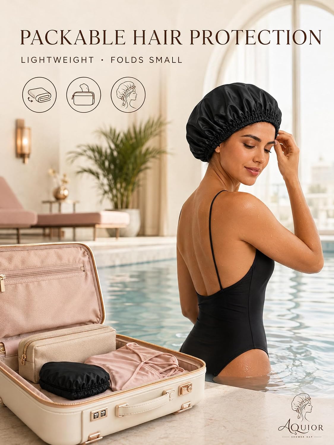 Aquior Shower Cap, Reusable Shower Cap for Women,Men, Waterproof Layer Hair Cap, Large Size for Long Hair, Braids, Curly, or Short Hair, for Girls Spa Home Salon Use (Black)