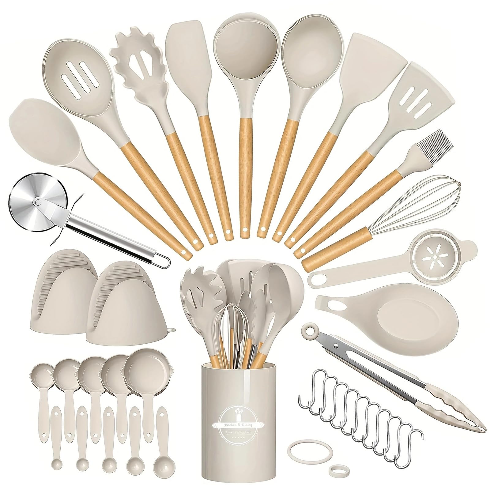 Küchenhelfer Set, 37 Stück Kochutensilien Set, Kochbesteck mit Utensilienhalter, Antihaftbeschichtet Küchenutensilien, Kochset mit Holzgriff Geeignet Für Backen Kochen Mischen