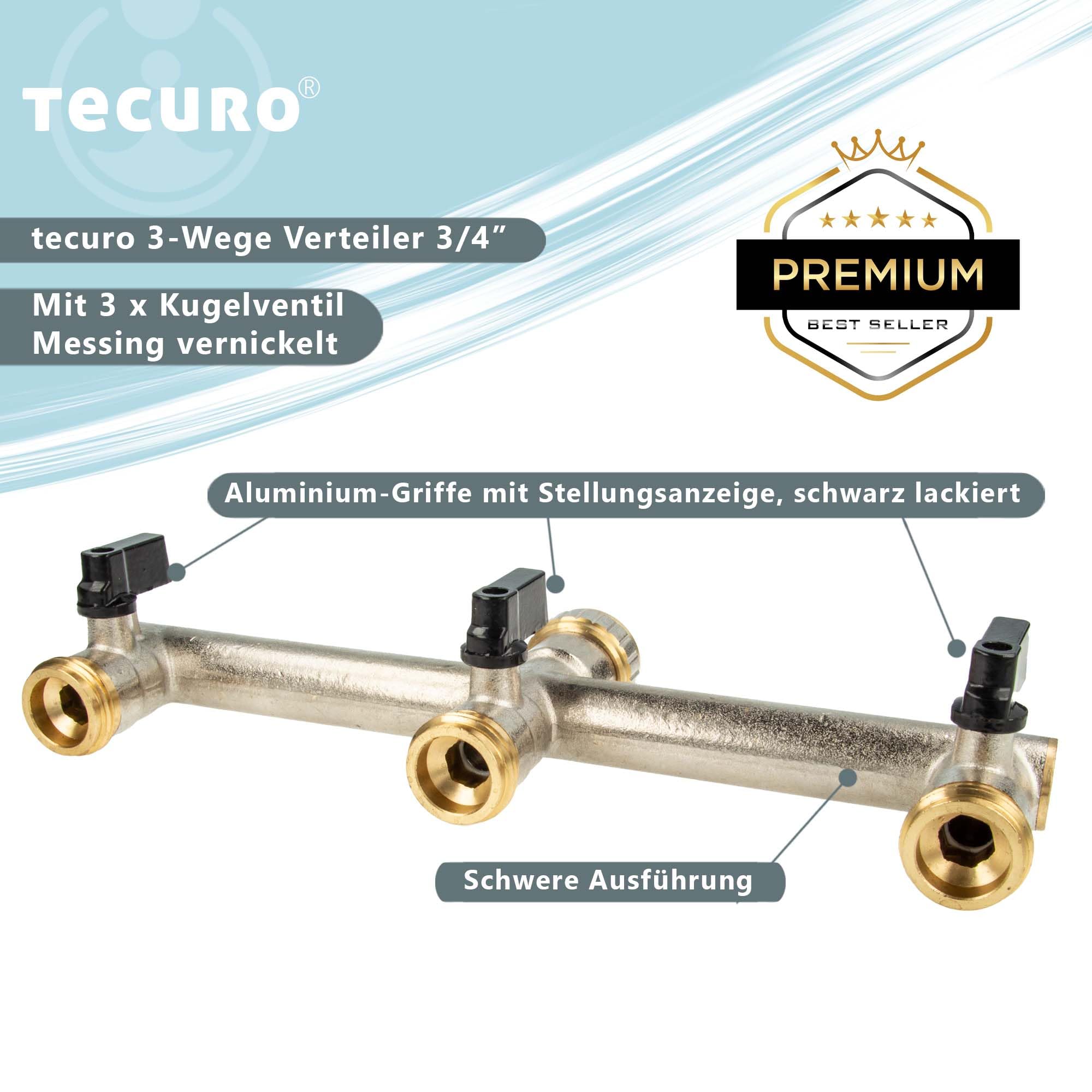 tecuro 3-Wege Verteiler 3/4 Zoll mit 3 x Kugelventil, für Zapfstelle, Messing vernickelt