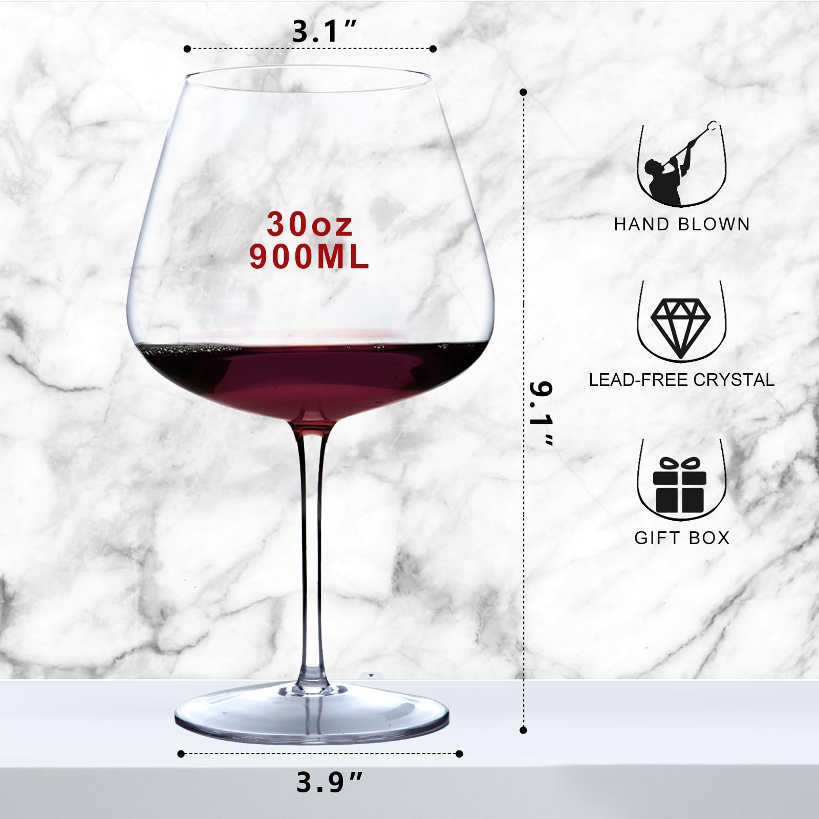 Copas de vino supergrandes de 880 ml, copas de vino gigantes de cristal soplado a mano, copas grandes de color burdeos de gran tamaño, vino tinto y blanco, lujoso, elegante, regalo ideal para mujeres